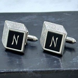 Swank Vintage Silver Tone Etched Monogram Initial N Letter Bullet Back Cufflinks